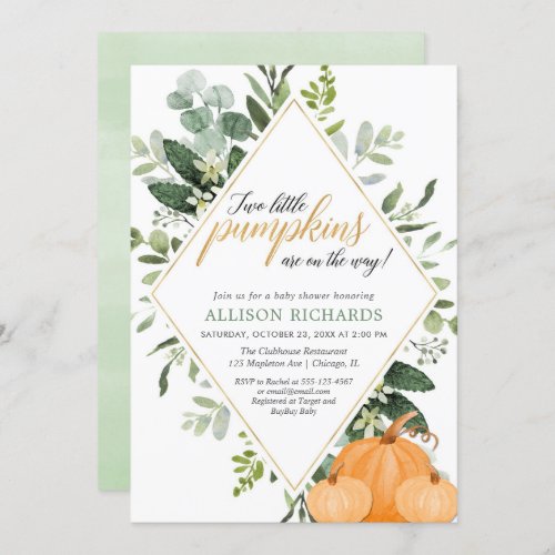 Two little pumpkins Fall twins baby shower Invitation
