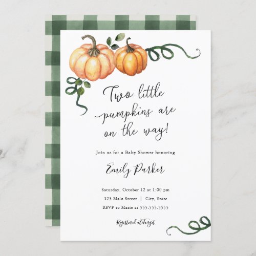 Two little pumpkins on the way Twin Baby Shower Invitation