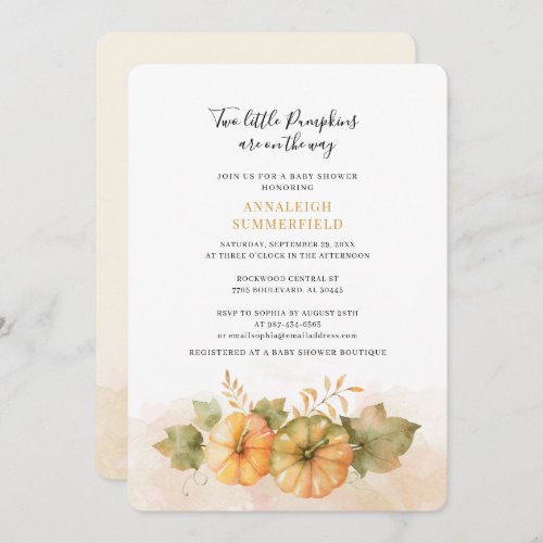 Two Little Pumpkins on Way Fall Twins Baby Shower Invitation