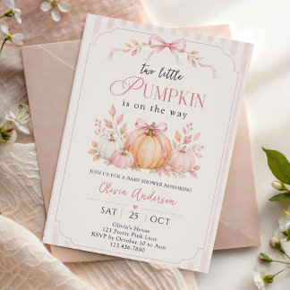 Two Little Pumpkins Pink Bow Baby Shower Invitation