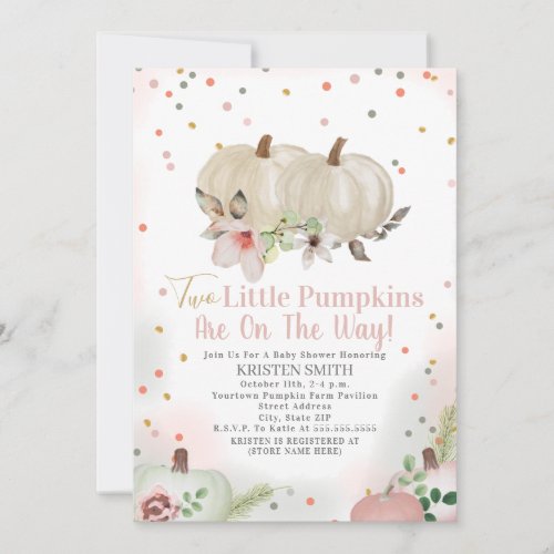 Two Little Pumpkins Pink Floral Girl Baby Shower Invitation