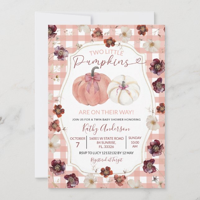 Two Little Pumpkins Pink Floral Twin Baby Shower Invitation (Front)