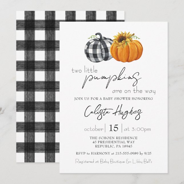 Two Little Pumpkins Sunflower Twins Baby Shower In Invitation (Front/Back)