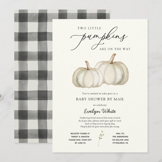 Two Little Pumpkins Twin Baby Shower by Mail Invit Invitation (Front/Back)