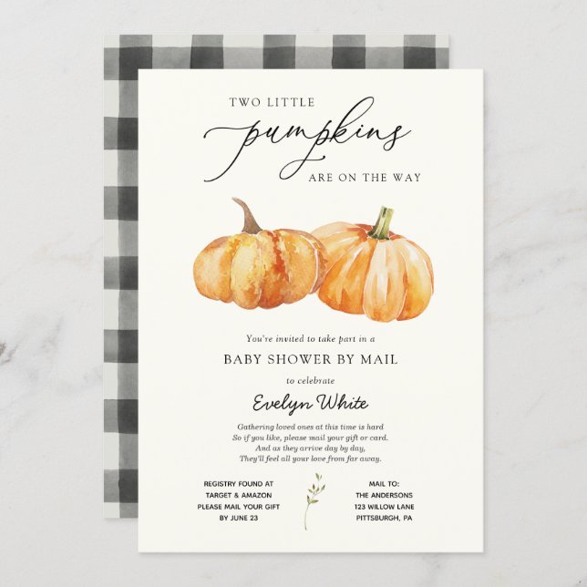 Two Little Pumpkins Twin Baby Shower by Mail Invitation (Front/Back)