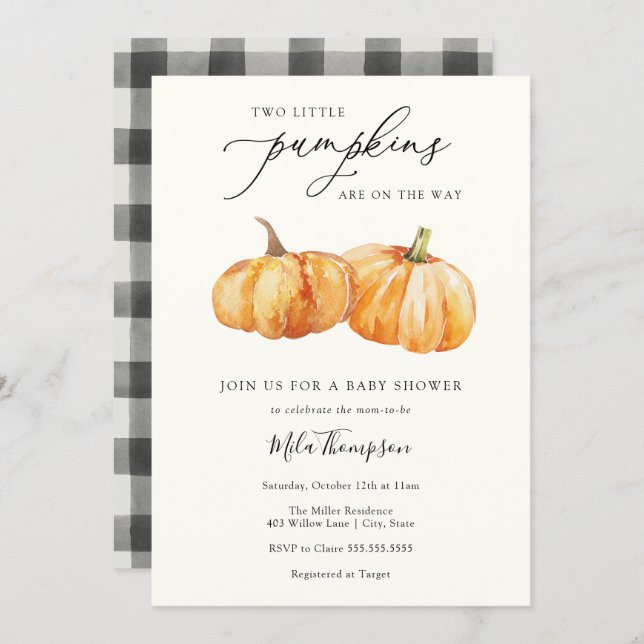 Two Little Pumpkins Twin Baby Shower Invitation (Front/Back)