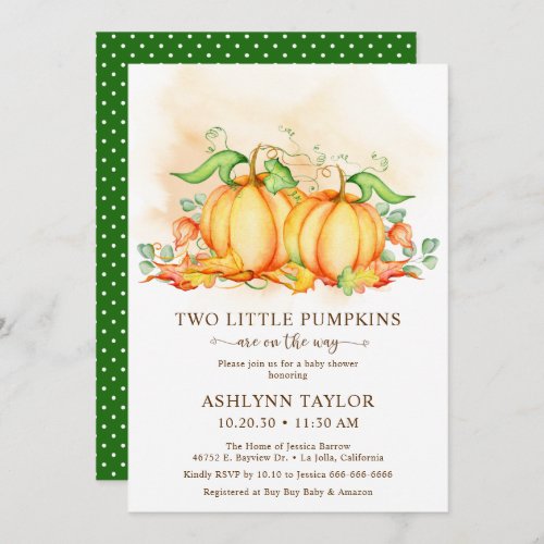 Two Little Pumpkins Twin Baby Shower Invitation