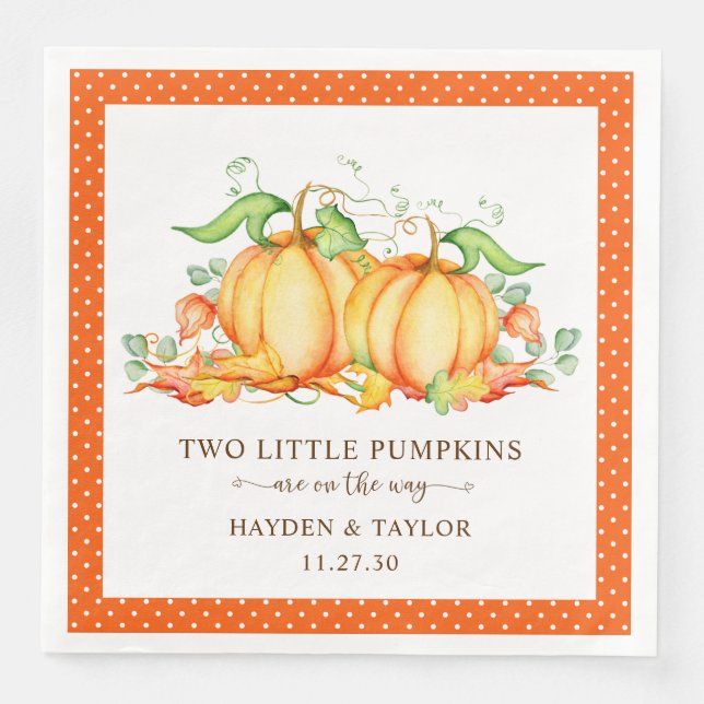 Two Little Pumpkins Twin Baby Shower Paper Dinner Napkins (Front)