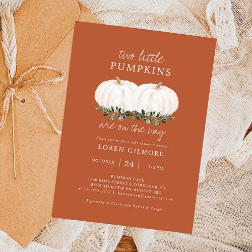 Two Little Pumpkins Twins Baby Shower Invitation