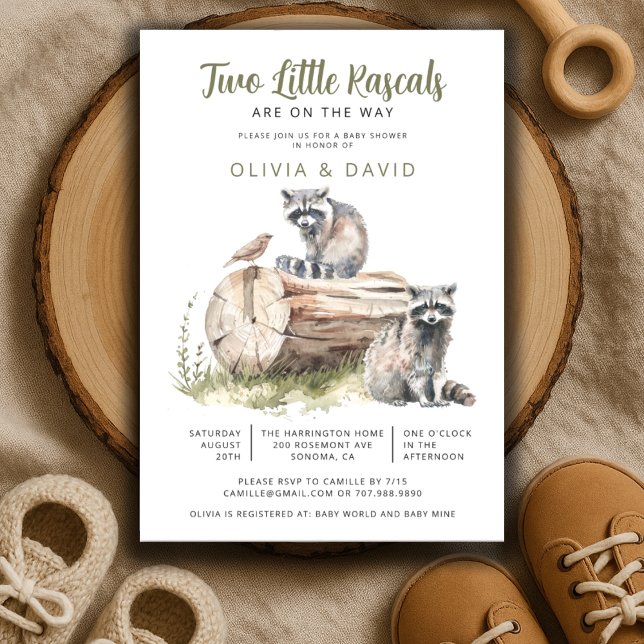 Two Little Rascals Baby Raccoon Twins Baby Shower Invitation (Creator Uploaded)