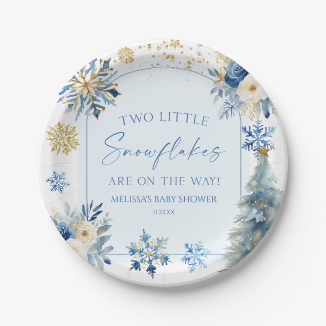 Two Little Snowflakes Winter Twins Baby Shower  Paper Plates (Front)