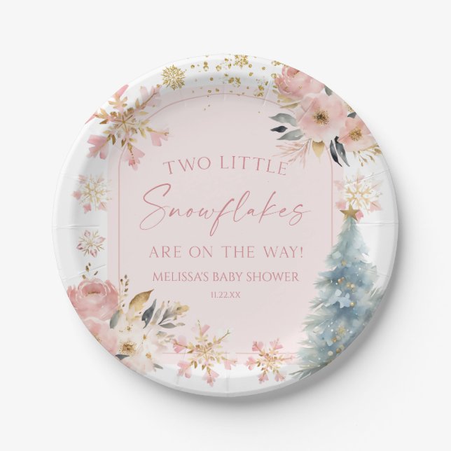 Two Little Snowflakes Winter Twins Baby Shower  Paper Plates (Front)