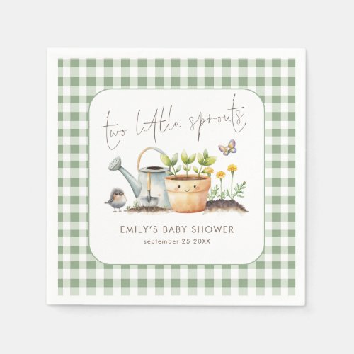 Two Little Sprout Gingham Sage Twins Baby Shower Napkins