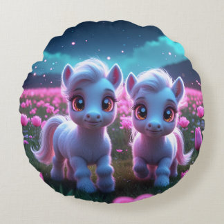 Two little sweet ponies round pillow