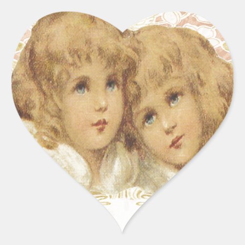 Two Little Vintage Angels Heart Sticker
