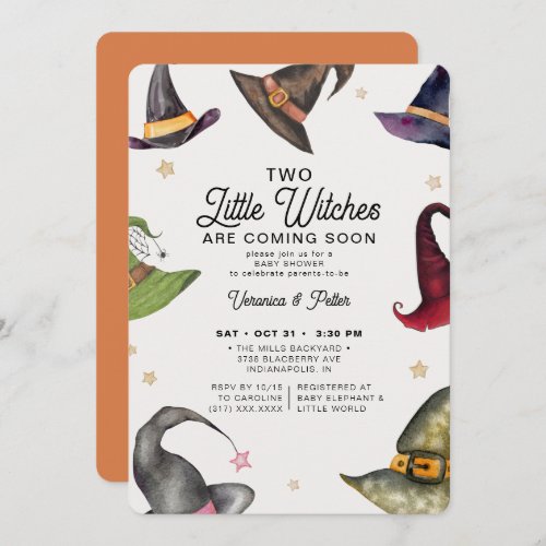 Two Little Witches Twin Girl Halloween Baby Shower Invitation
