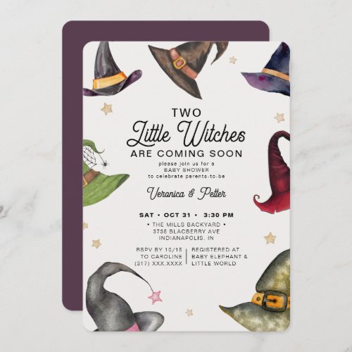 Two Little Witches Twin Girl Halloween Baby Shower Invitation