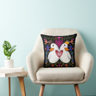 Two love birds hearts flowers Valentines Day color Throw Pillow