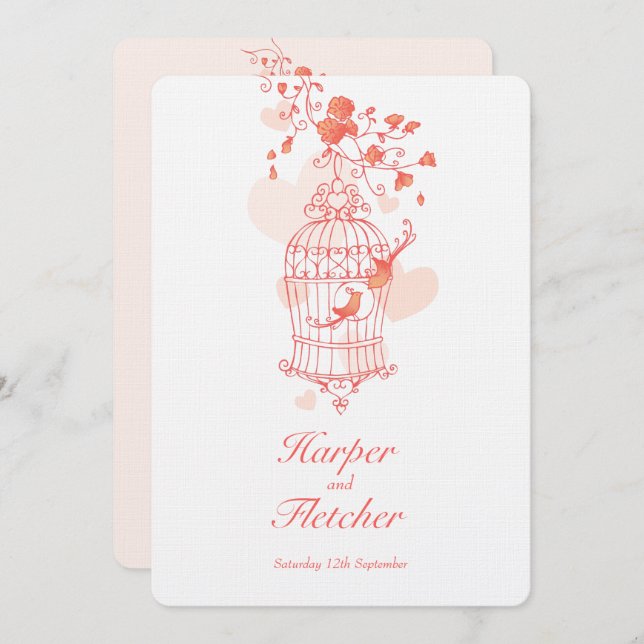 Two love birds open birdcage wedding coral invitation (Front/Back)
