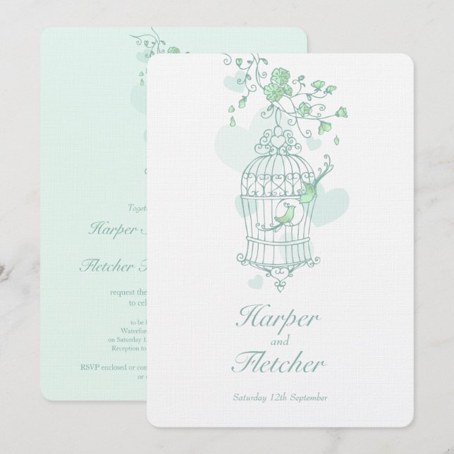 Two love birds open birdcage wedding green invitation (Front/Back)