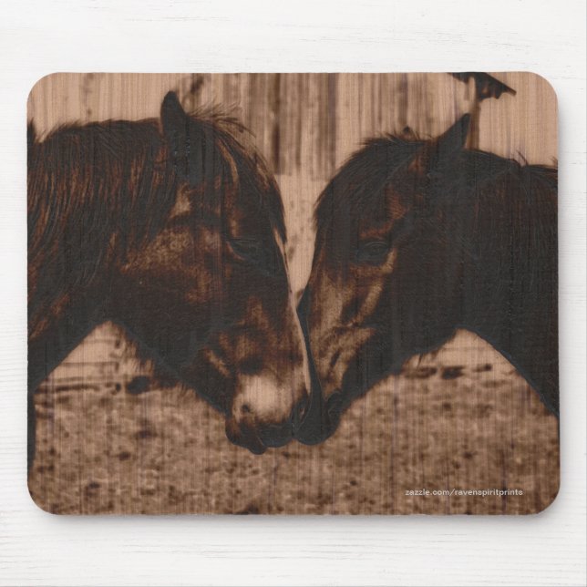 Two Loving Horses Wood-burning effect Equine Image Mouse Pad (Front)