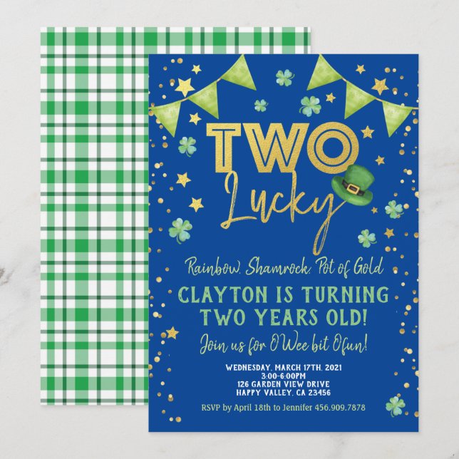 Two Lucky Boy 2nd Birthday St Patrick's Day Party Invitation (Front/Back)