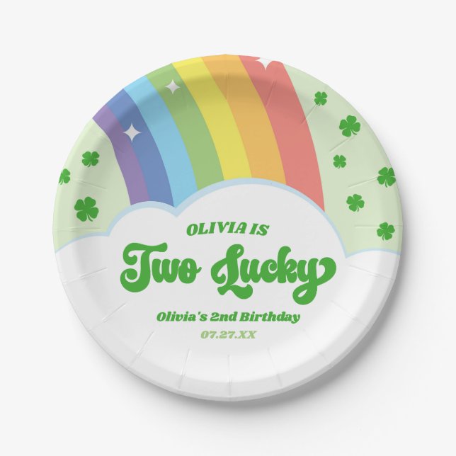 Two Lucky Charm Rainbow 2nd Birthday Party Paper Plates (Front)
