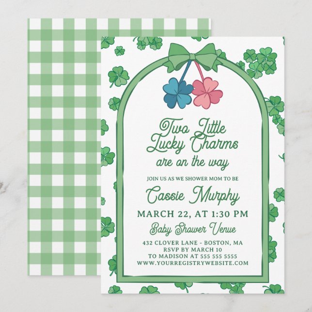 Two Lucky Charms Clovers Girl Boy Twin Baby Shower Invitation (Front/Back)