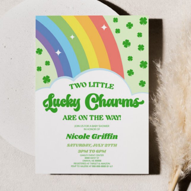 Two Lucky Charms Rainbow Clover Twins Baby Shower Invitation (Creator Uploaded)