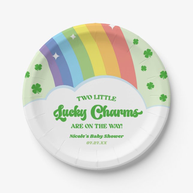 Two Lucky Charms Rainbow Twins Baby Shower Paper Plates (Front)