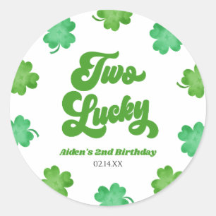 Two Lucky Green Shamrock Clover 2nd Birthday Party Classic Round Sticker