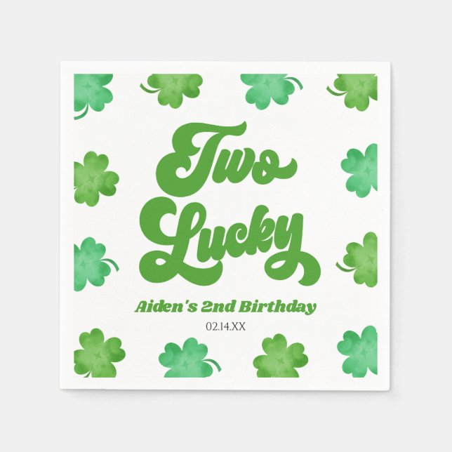 Two Lucky Green Shamrock Clover 2nd Birthday Party Napkins (Front)
