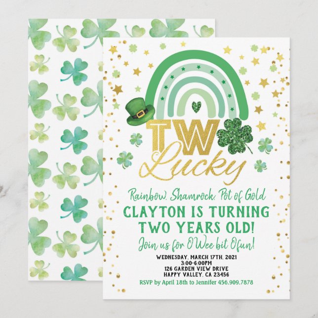 Two Lucky Kid 2nd Birthday St Patrick's Day Invitation (Front/Back)