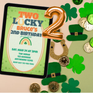 Two Lucky Orange Shamrock Rainbow 2nd Birthday Invitation