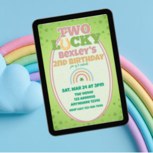 Two Lucky Pink Shamrock Rainbow 2nd Birthday Invitation
