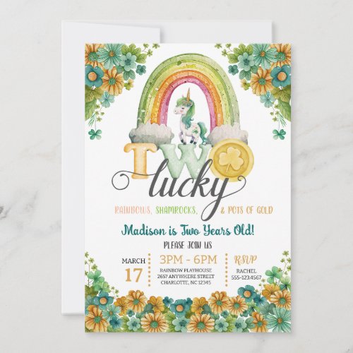 Two Lucky Rainbow Unicorn Sunflower 2nd Birthday Invitation