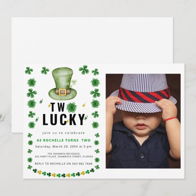 Two Lucky Shamrock Birthday Party Invitation (Front/Back)