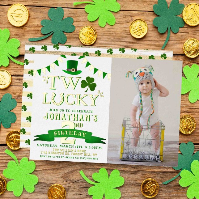Two Lucky St. Patrick's Day 2nd Birthday Real Foil Invitation (Creator Uploaded)