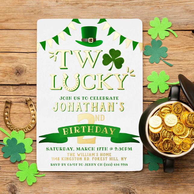 Two Lucky St. Patrick's Day 2nd Birthday Real Foil Invitation (Creator Uploaded)
