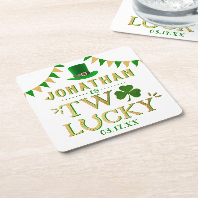 Two Lucky St. Patrick's Day 2nd Birthday Square Paper Coaster (Angled)