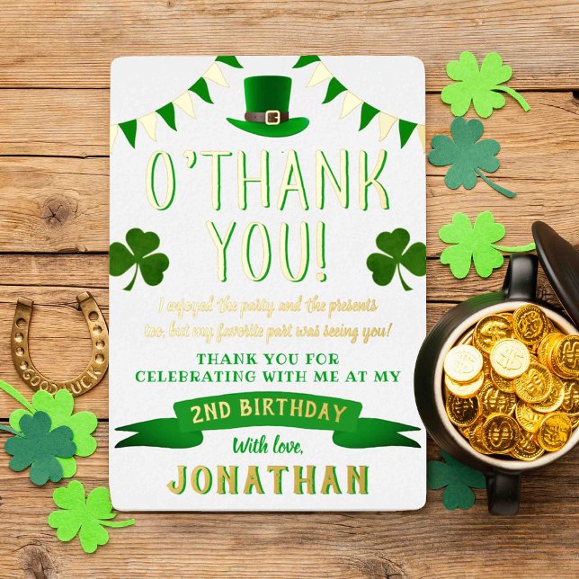Two Lucky St. Patrick's Day 2nd Birthday Thank You Foil Invitation (Creator Uploaded)