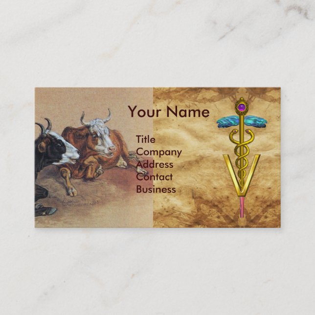 TWO LYING COWS GOLD CADUCEUS VETERINARY SYMBOL BUSINESS CARD (Front)