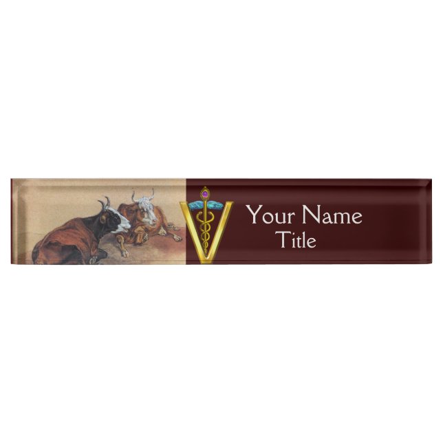 TWO LYING COWS GOLD CADUCEUS VETERINARY SYMBOL NAME PLATE (Front)