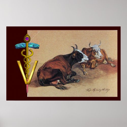 TWO LYING COWS GOLD CADUCEUS VETERINARY SYMBOL POSTER