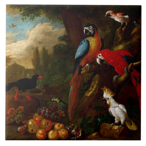Two Macaws a Cockatoo and a Jay with Fruit Ceramic Tile
