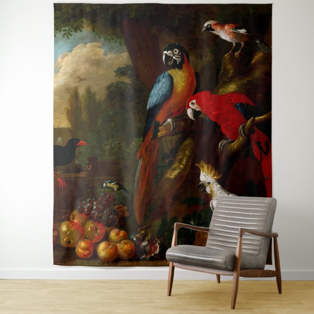 Two Macaws a Cockatoo and a Jay with Fruit Tapestry (In Situ)