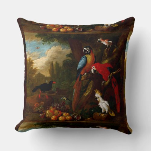 Two Macaws a Cockatoo and a Jay with Fruit Throw Pillow