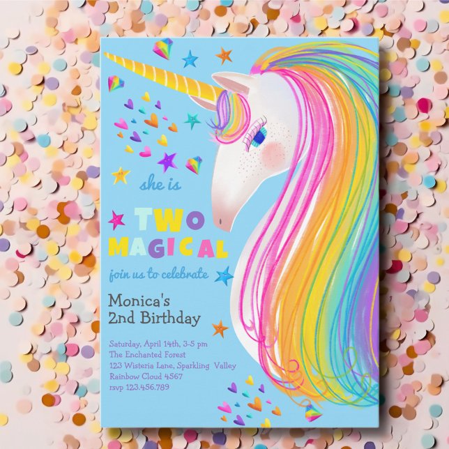 Two magical rainbow candy unicorn second birthday invitation (Creator Uploaded)