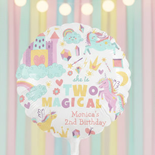 Two magical rainbow pastel unicorn second birthday balloon