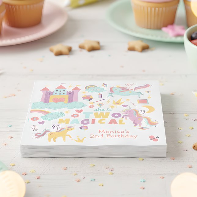 Two magical rainbow pastel unicorn second birthday napkins (Creator Uploaded)